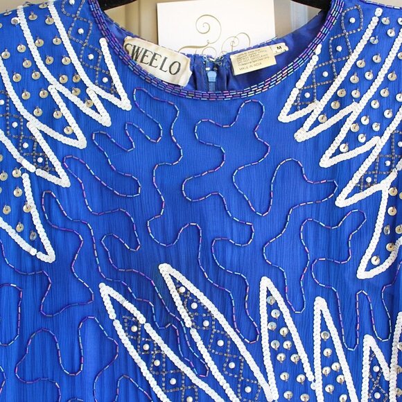 Vintage Swee Lo Dress Women's Medium Cobalt Blue Beaded Sequins Silk Shoulder Pa - Picture 3 of 10